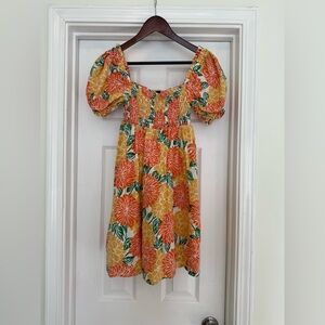 House of Harlow orange and white linen Floral Puff Sleeve Dress